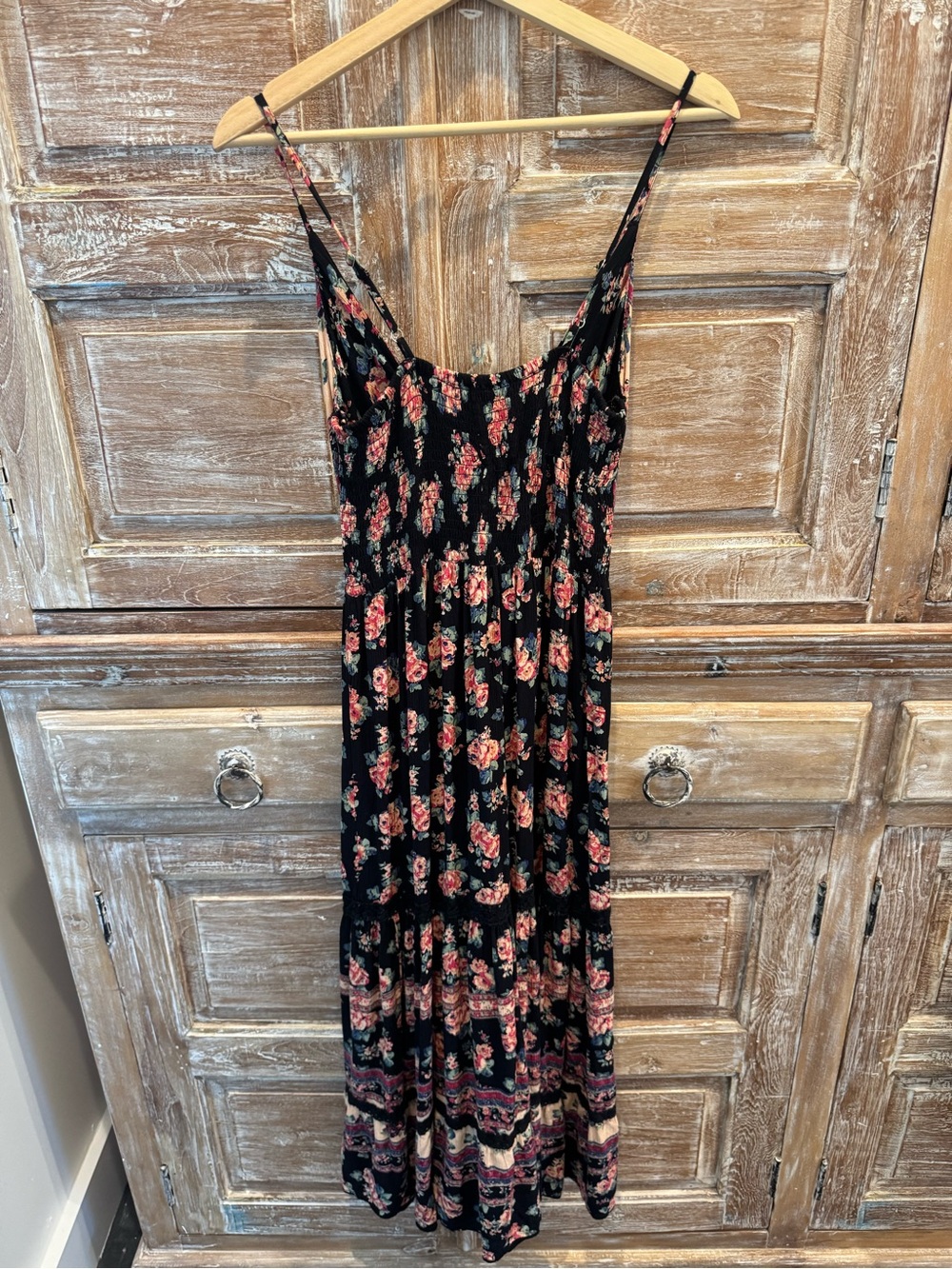 Angie Black Romantic Boho Prairie Western Dress with Pink Floral Print Summer - Picture 6 of 9